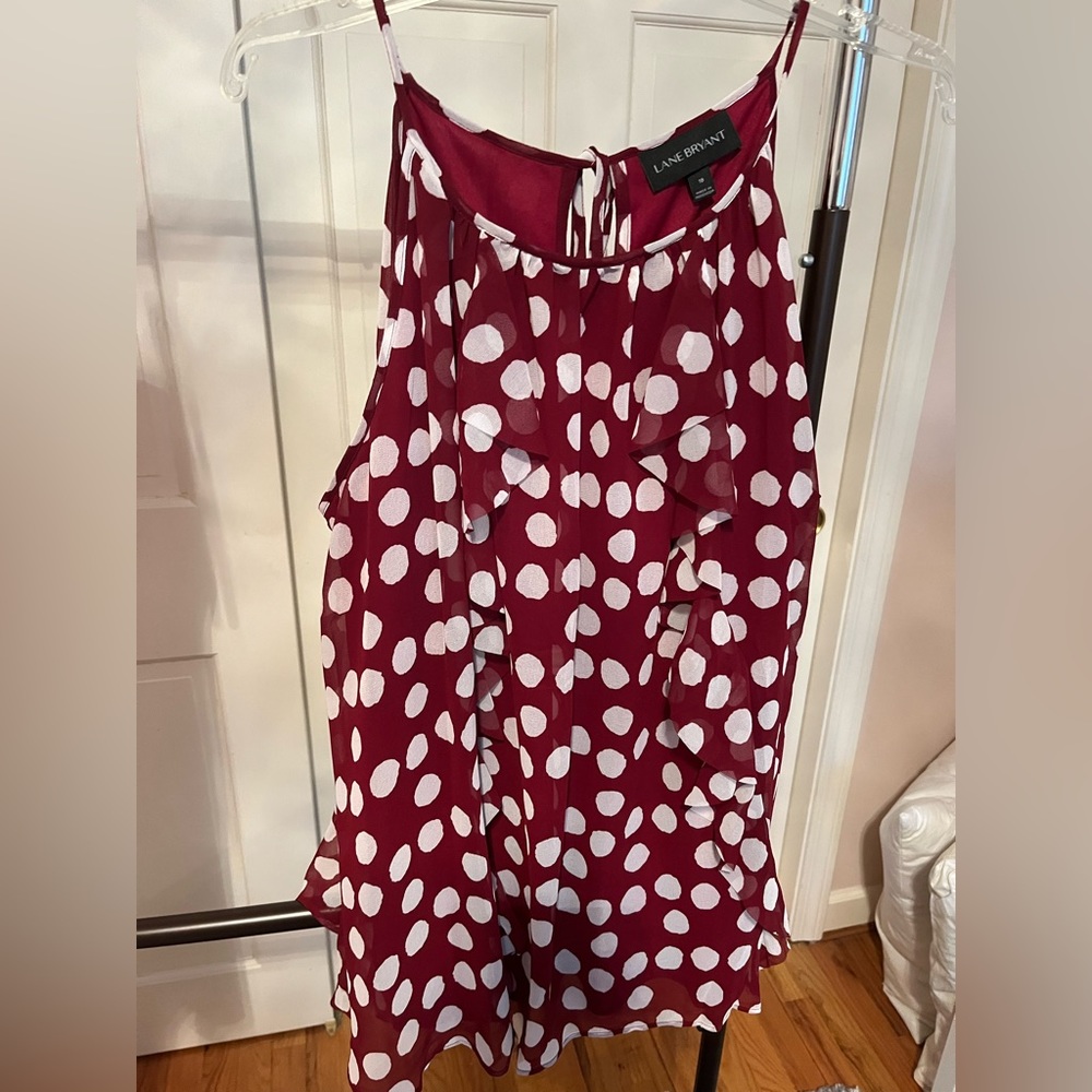 Burgundy, white dot, ruffled blouse. Lane Bryant